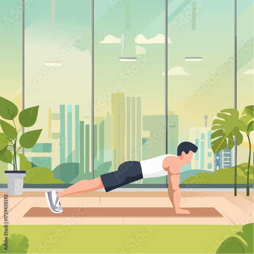 Man doing push-ups — flat vector illustration