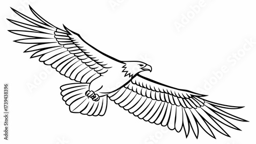 Illustration of a majestic eagle soaring with outstretched wings in a black and white line drawing style created with generated ai