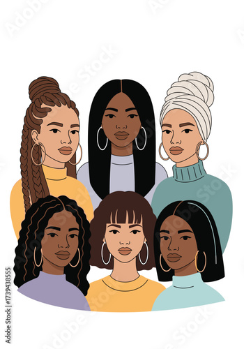 A diverse group of women from various backgrounds standing together in unity and solidarity.