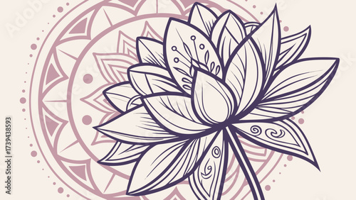 Illustration of a lotus flower with intricate line work and a mandala style background pattern design created with generated ai