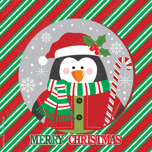 Christmas card with penguin and candy cane