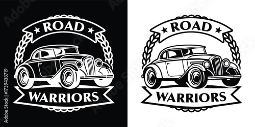 Classic coupe car with laurel wreath and road warriors text, black and white graphic isolated on white background