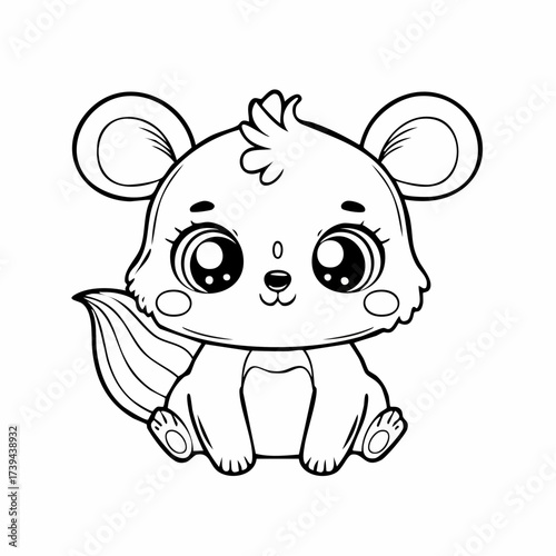 Cute skunk sitting and smiling in a simple black and white outline, perfect for a children's coloring book page, creating a playful and engaging image.