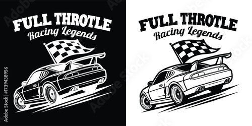 Racing car with checkered flag and text full throttle racing legends, dynamic motion, speed effect, isolated on white background