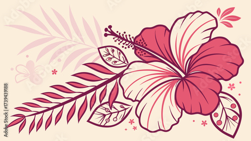 A stylized hibiscus flower with leaves and a palm frond on a light background in pink and white colors created with generated ai