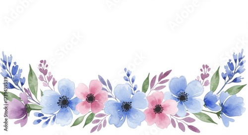 Delicate watercolor floral border with soft blue and pink blossoms and greenery
