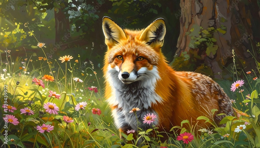 Fototapeta premium A beautiful fox in a vibrant meadow filled with colorful flowers