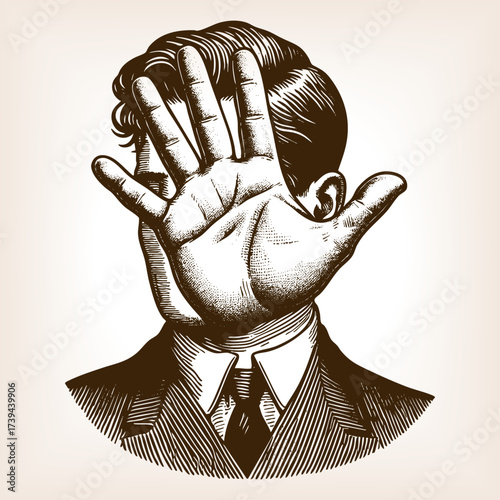 surreal illustration of a man in suit with a large hand as his face, symbolizing creativity and absurdity sketch engraving generative ai vector illustration. Scratch board imitation. Black and white.