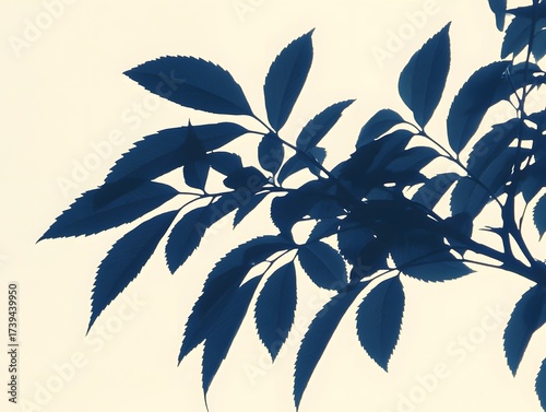 Botanical beauty blue leaf cyanotype art print, nature inspired vintage style.