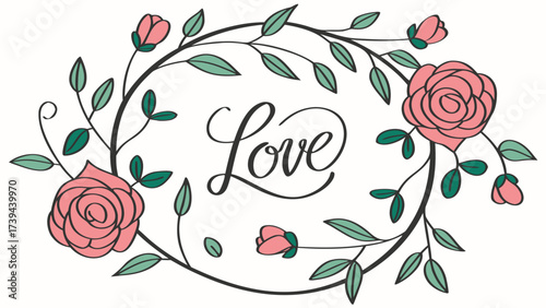 Floral wreath with the word love in the center surrounded by roses and green leaves illustration design created with generated ai