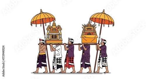 Ceremonial Procession Men Carrying Ornate Structures Under Parasols in Cultural Attire