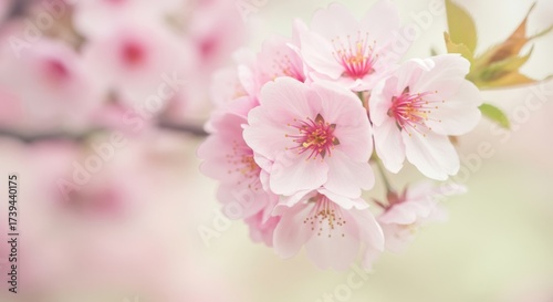 Delicate pink cherry blossoms bloom in soft focus on a spring day