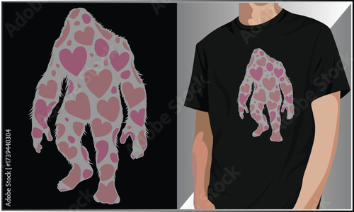 Bigfoot Sasquatch Heart Valentines Lovers T-Shirt Design, Bigfoot Silhouette Illustration, Bigfoot Pink Heart Pattern Vector, Bigfoot Silhouette Illustration Shirt Design.