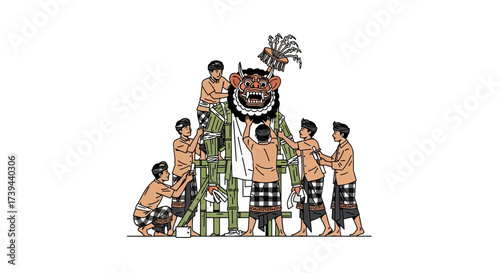 Balinese men collaboratively crafting a majestic ceremonial effigy, embodying rich cultural traditions and artistry