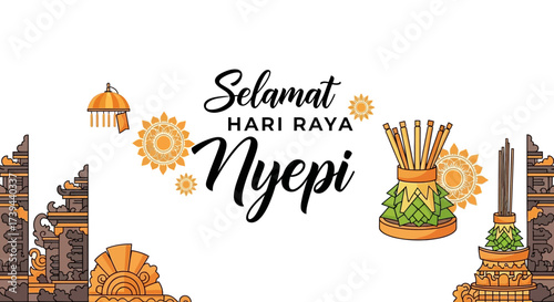 Selamat Hari Raya Nyepi Balinese Hindu New Year Celebration with Cultural Decorations and Symbols