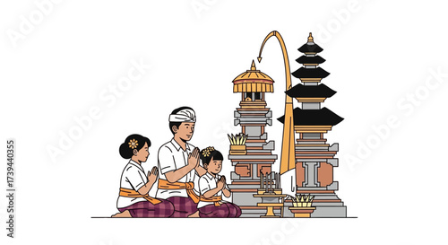Illustration of a traditional Balinese family performing a Hindu prayer ceremony at a Pura temple