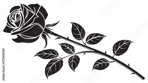 A black and white illustration of a rose with leaves and thorns on a white background design element created with generated ai
