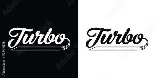 Turbo wordmark in a retro script font, presented in both white on black and black on white versions for versatile design applications