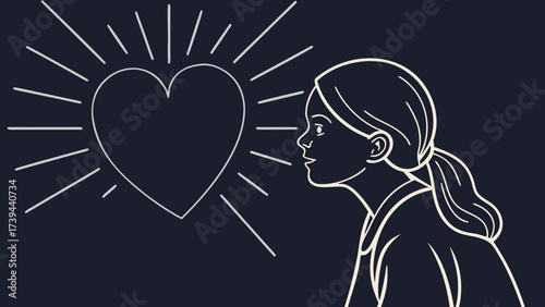 Line art of a woman looking at a heart with rays emanating from it on a dark background in simple style created with generated ai