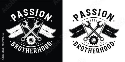 A stylized logo with the words passion brotherhood, incorporating checkered flags, a gear, and wrenches, representing a strong connection and shared enthusiasm for motorsports