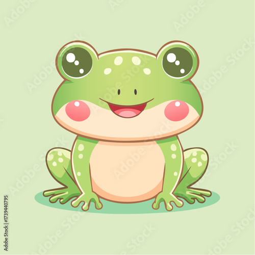 Cute cartoon frog smiling happily on a light green surface, showcasing its big eyes and rosy cheeks in a cheerful and playful manner.
