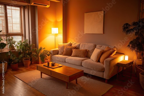 Cozy, warmly lit living space with a sofa, plants, and wooden furniture