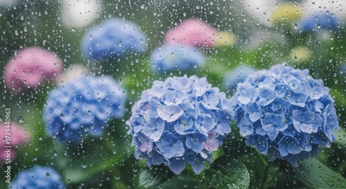 Raindrops on a windowpane blur the vibrant colors of blooming hydrangea flowers