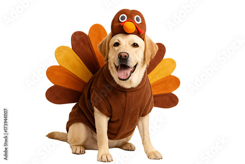 Dog in a turkey costume with feathers on a transparent background
. Autumn. Festive look. Thanksgiving.