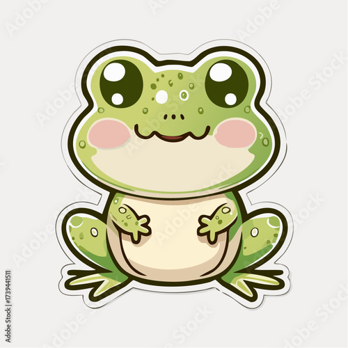 Cute cartoon frog sitting patiently on a white surface with adorable eyes and a gentle smile, radiating a playful and cheerful vibe.