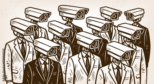 men in suits with security cameras as heads, symbolizing surveillance, control, privacy issues, and modern society sketch engraving generative ai vector illustration. Scratch board. Black and white.