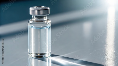 Transparent glass vial with clear liquid reflecting light on a surface