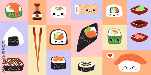 Sushi kawaii pattern. Cute food in cell. Cartoon roll with fish and vegetables. Asian fast food. Rice ball with smile. Icon nori wrap, wasabi, nigiri. Mosaic tiles. Vector color dish isolated set