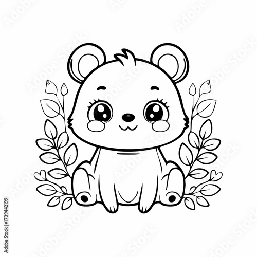Cute bear sits surrounded by leafy branches in a simple black and white line drawing suitable for coloring books, conveying innocence and charm.