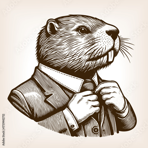 beaver dressed in a formal suit, humorously portrayed as a businessman adjusting his tie sketch engraving generative ai fictional character vector illustration. Scratch board. Black and white image.