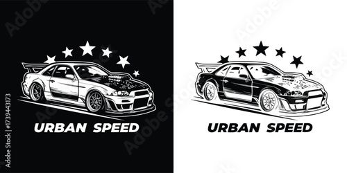Stylized illustration of a sports car with the text urban speed and stars, presented in both black and white versions for versatile design applications