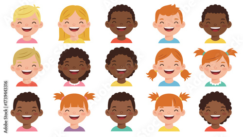 Diverse Group of Happy Smiling Children Faces, Multi-ethnic Kids Avatars