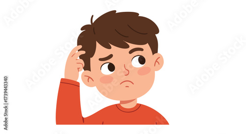 a child scratching their head with one finger, tilting their head slightly with a puzzled look and a slight frown.