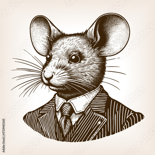 man in a suit with a mouse head, symbolizing anthropomorphism, satire, and imaginative artistic concepts sketch engraving generative ai vector illustration. Scratch board imitation. Black and white.