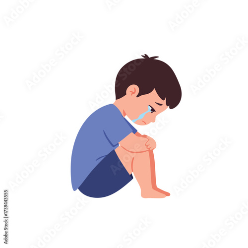  a child sitting with their head bowed, and a single large tear falling from their eye.
