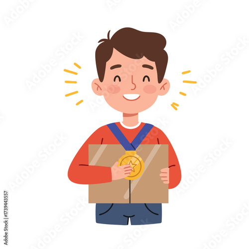 a child puffing out their chest and smiling contentedly while holding a homemade cardboard gold medal.