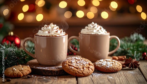 Wallpaper Mural A rustic wooden table with Christmas cookies, hot chocolate mugs topped with whipped cream, and fairy lights in the background Torontodigital.ca
