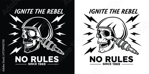 Skull wearing a helmet with a spark plug, surrounded by lightning bolts, text ignite the rebel and no rules since 1969, isolated on white background