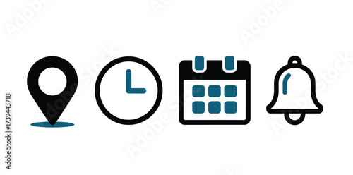 Plan your next adventure with location, time, date, and reminders symbols for success