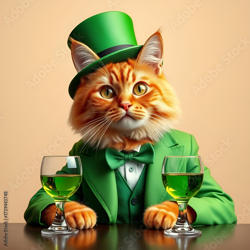 Cat in a green Victorian suit with drinks