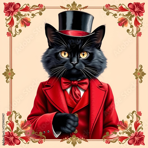 Black cat wearing a red suit and a top hat 