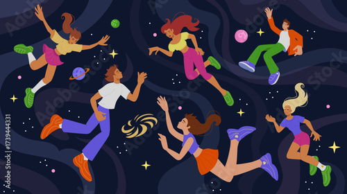 Idea flying cosmos. People in galaxy are exploring. Search for person reaching. Character discovers universe, metaphor of innovation. Vector space tidy tech, cartoon flat style isolated illustration