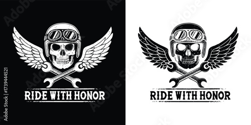 Artistic depiction of a skull with a bandana and helmet, adorned with wings and crossed wrenches, accompanied by the phrase ride with honor on a black and white background