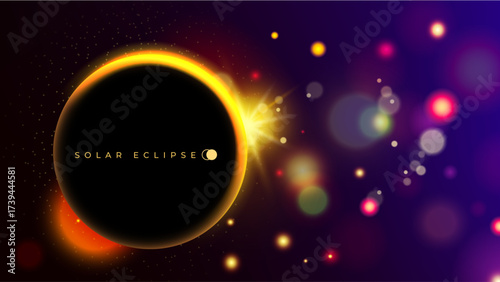 Solar eclipse background. Light effect. Glowing ring circle. Sun in sky. Moon dark shadow. Flare energy. Shining yellow. Elegant glare. Bokeh space glitter. Galaxy star rays. Vector magic round frame