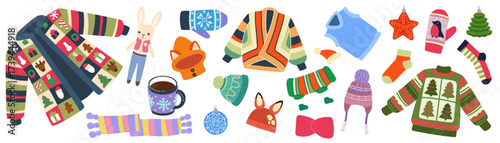 Casual attire. Crochet clothes. Christmas cartoon clothing for cold season. December holiday. Colorful decoration. Scandinavian knit. Winter fashion. Cozy sweater or scarf. Vector handmade outfits set