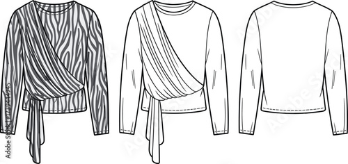 Women’s draped tie front blouse fashion flat sketch, CAD drawing long sleeve wrap top, vector apparel template stylish shirt design